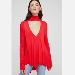 Free People Red Uptown Choker Neck Drape Front Knit Tunic Top Womens Size Small